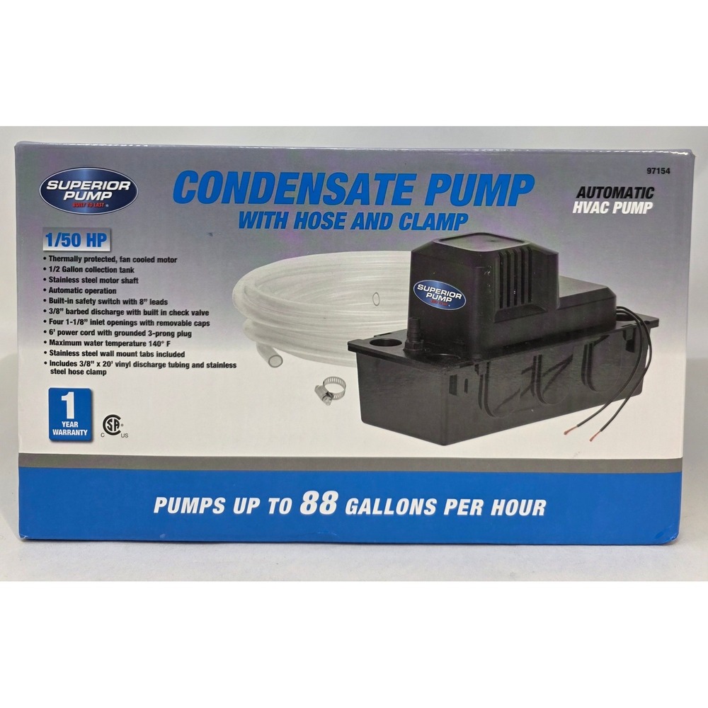 Superior Pump 97154 Automatic HVAC Condensate Pump 1/50 HP 88 GPH Black New